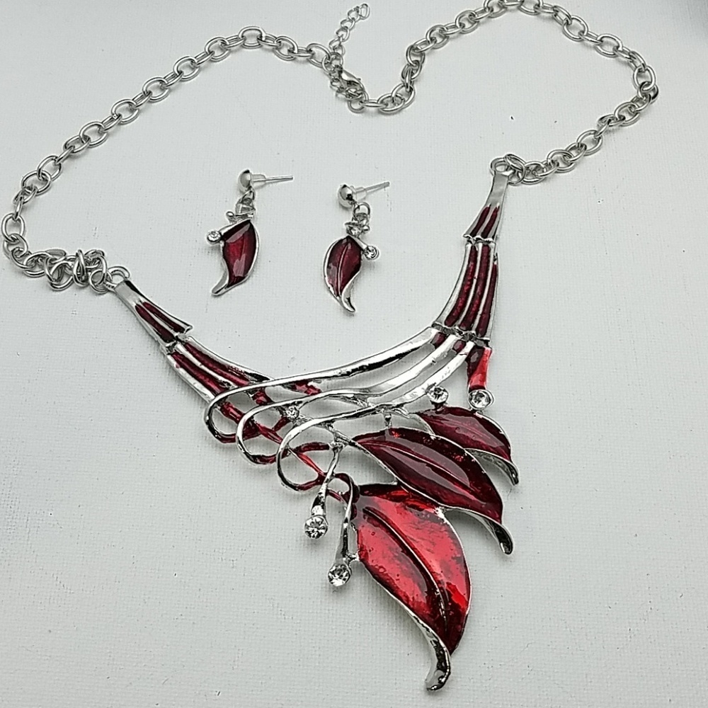 Silver Tone Red Rhinestone Leaves Leaf Necklace Earring